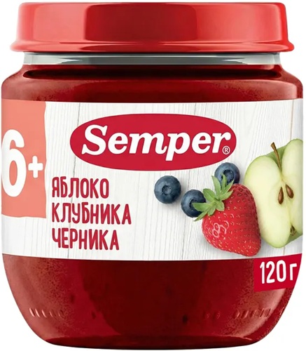 Semper Пюре Яблоко клубника Черника 120 г с 6 мес банка стекло