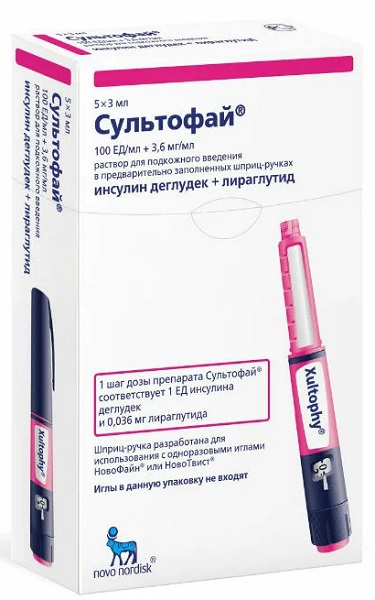 Сультофай шприц ручка 100 ЕД/мл+3,6 мг/мл 3 мл №5 / Инсулин (деглудек+Лираглутид) (Упаковка)