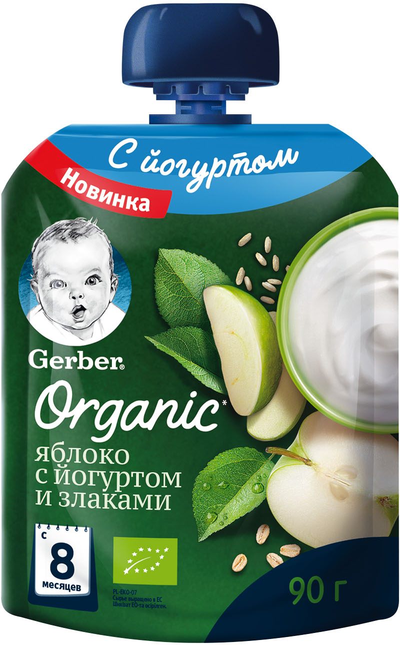 Гербер Пюре Яблоко с йогуртом и злаками 90г с 6 мес. пауч