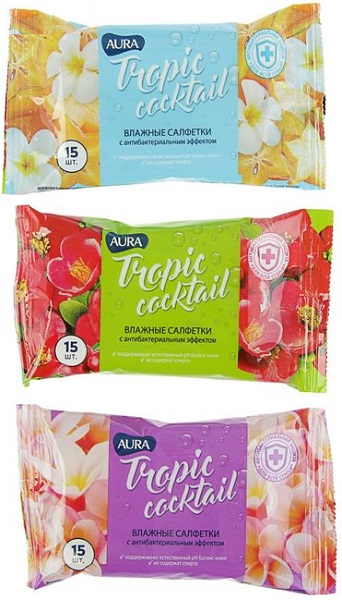 AURA Влажные салфетки 15 шт Антибактериальные Tropic Cocktail