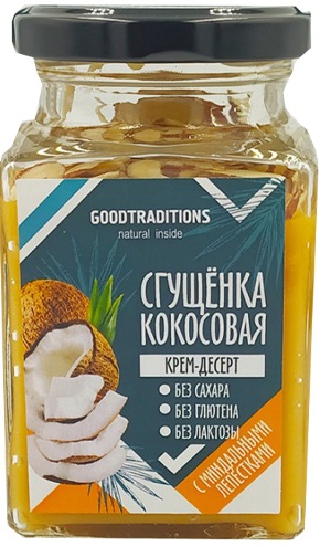 Goodtraditions Сгущенка Кокосовая с лепестками миндаля 230г стекл. без сахара