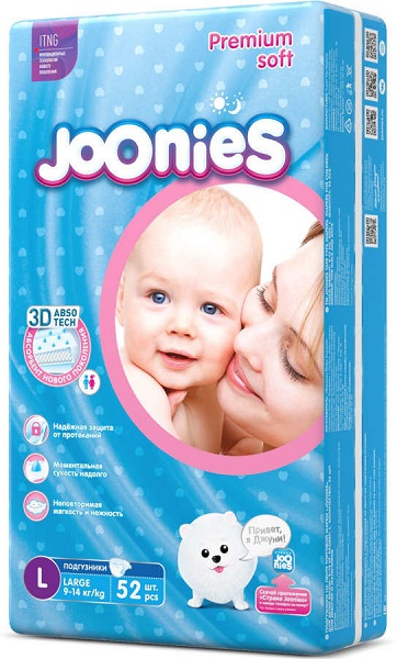 Подгузники для детей JOONIES L52 ( 9-14 кг ) 52 шт Premium Soft