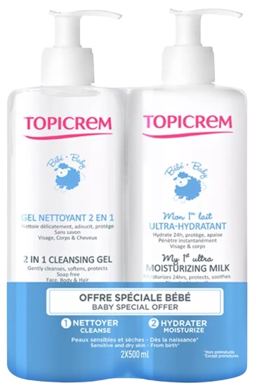 Topicrem набор Мое 1-е Ультра увлажняющее молочко + очищающий гель 2в1