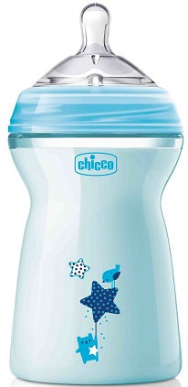 Бутылочка Пластиковая CHICCO Natural Feeling 330мл Соска Силиконовая 6м+ Blue new