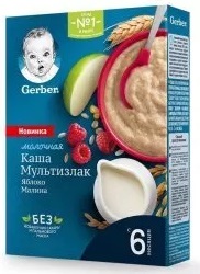 Гербер Каша молочная Мультизлак яблоко малина 180г с 6 мес.