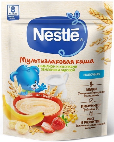 Nestle Каша молочная Мультизлак 200г Банан кусочки земляники с 8мес.  