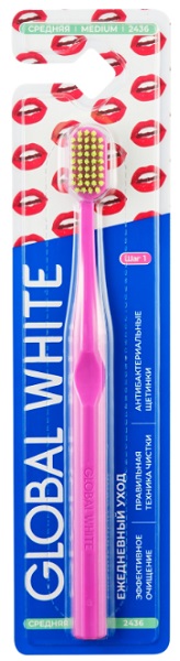 Зубная щетка GLOBAL WHITE Medium Ежедневный уход розовая рукоятка зеленая щетина