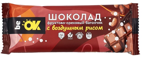 be OK Батончик Фруктово-ореховый с воздушным рисом Шоколад 30 г 