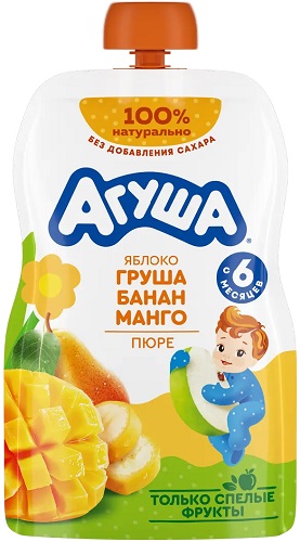 Агуша Пюре Яблоко груша банан манго 90г БЕЛ Пауч 