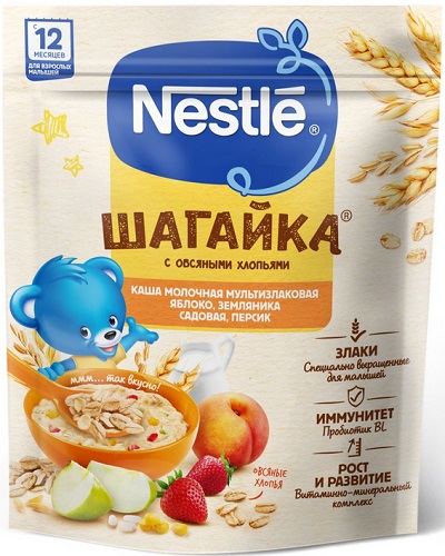 Nestle Каша Шагайка Злаковая Яблоко,Земляника,персик 190г с 12 мес.