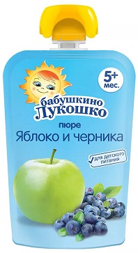 Бабушкино лукошко Пюре Яблоко черника 90г пауч с 5 месяцев .