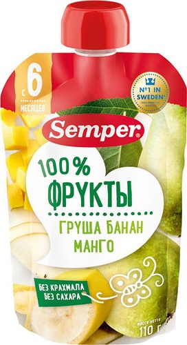 Semper Пюре Груш, банан манго пауч  110г с 6 мес.
