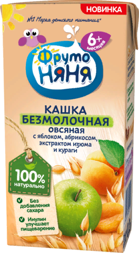 ФрутоНяня Кашка безмолоч Овсяная Яблоко абрикос изюм курага 0,2л т/пак с 6 мес