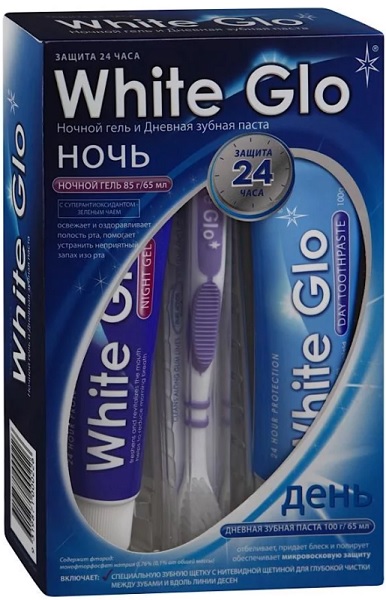 WHITE GLO набор дневная зубная паста + ночной гель + зубная щетка арт.0120