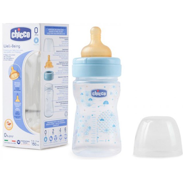 Бутылочка Пластиковая CHICCO Well-Being 150мл Соска Латексная 0м+ Blue