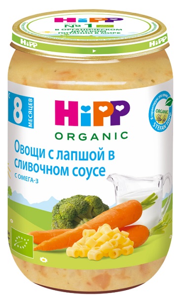 Хипп Органик Пюре Овощи с лапшой в сливочном соусе 190г стекло Hipp