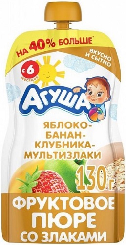 Агуша Пюре Яблоко банан клубника мультизлаки 130г с 6 мес Пауч