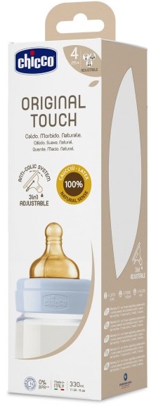 Бутылочка Стеклянная CHICCO Original Touch 330мл Соска Латексная 0м+ Голубой