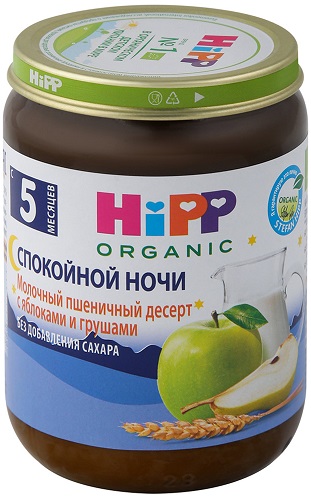 Хипп Органик Пюре Молочный пшеничный .десерт с яблоками и грушами 190г стекло Hipp