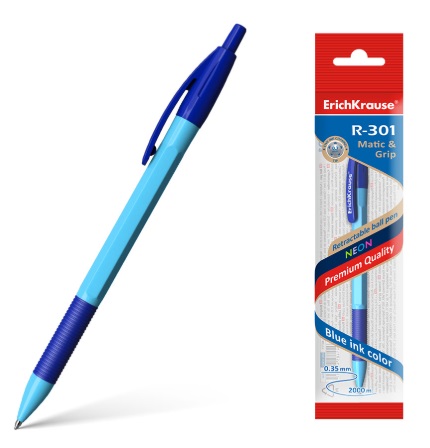 Ручка шариковая автоматическая ErichKrause R-301 Neon Matic & Grip цвет чернил синий (1шт)