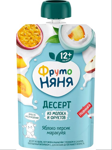 ФрутоНяня Десерт Яблоко Персик маракуйя с молоком и сах. 90г пауч