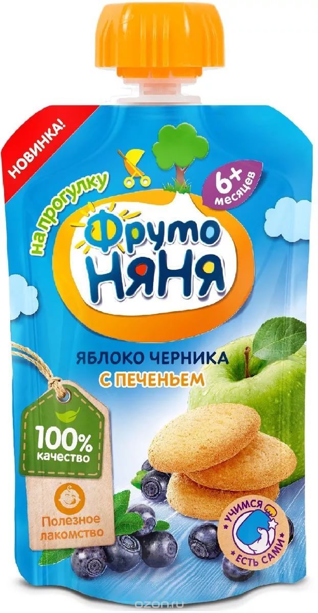 ФрутоНяня Пюре Яблоко черника с печеньем 90г пауч