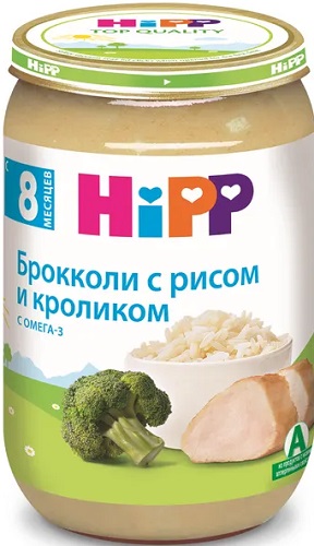 Хипп Органик Пюре Брокколи с рисом и кроликом 190г стекло Hipp