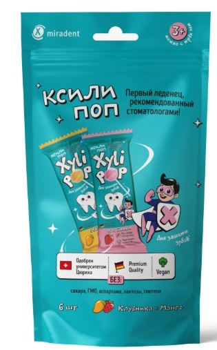 XyliPOP Леденец с ксилитом со вкусом Манго 3шт Клубника 3шт