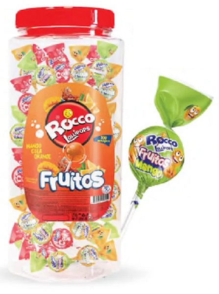Леденец на палочке Lollipop Rocco Fruitos 16г (апельсин,кола,манго)