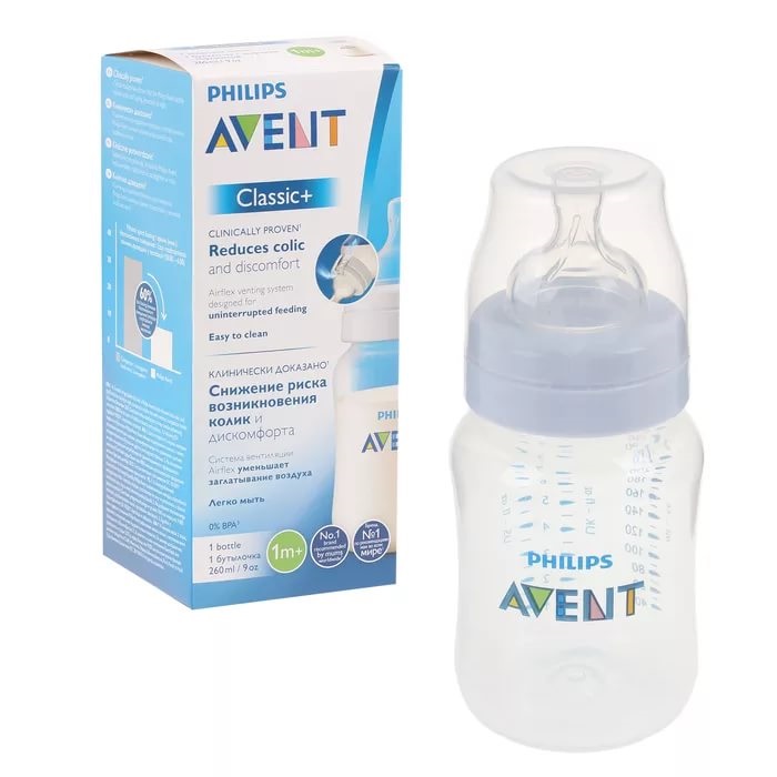 Бутылочка Пластиковая AVENT CLASSIC 260мл с Широк/горлыш Соска Силиконовая 1м+ SCF563/17