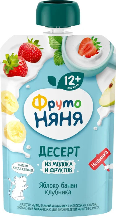ФрутоНяня Десерт Яблоко банан клубника с молоком и сах. 90г пауч