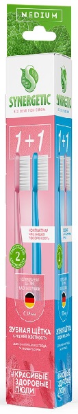 SYNERGETIC Зубная щетка Eco dental care medium розовая и голубая 2 шт
