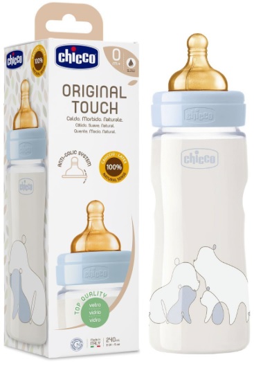Бутылочка Стеклянная CHICCO Original Touch 240мл Соска Латексная 0м+ Голубой