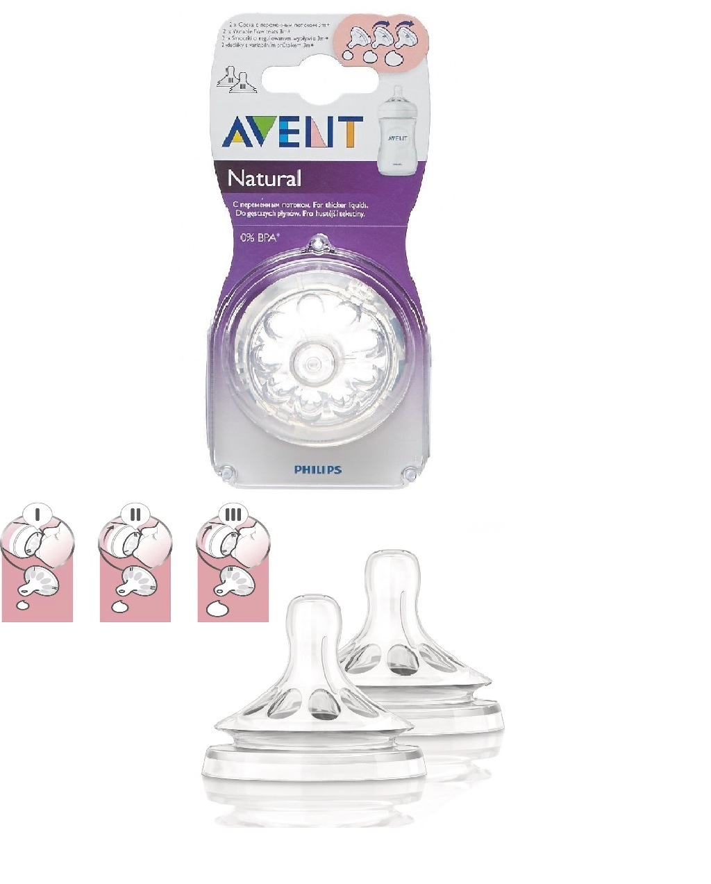 Соска Силиконовая AVENT NATURAL на ш/г 3м+ (2шт) (с переменным потоком) SCF655/27 SCF045/27