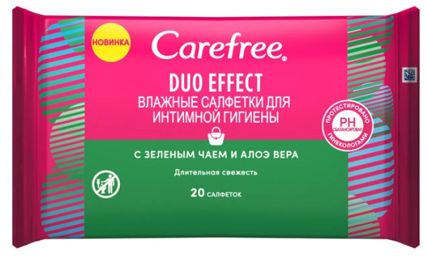Влажные салфетки для интимной гигиены Carefree с Алоэ и Зеленым чаем 20шт