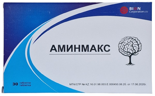 Аминмакс табл. №30 (гамма амино-масляная кислота 200 мг, глицин 200 мг, магния сульфат 150 мг,В1...) (Упаковка)