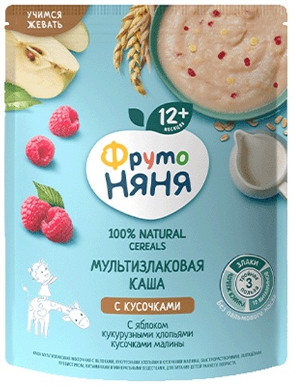 ФрутоНяня Каша молоч Мультизлак с Кусочками Малины, Кукурузными хлопьями и Яблоками с 12 мес