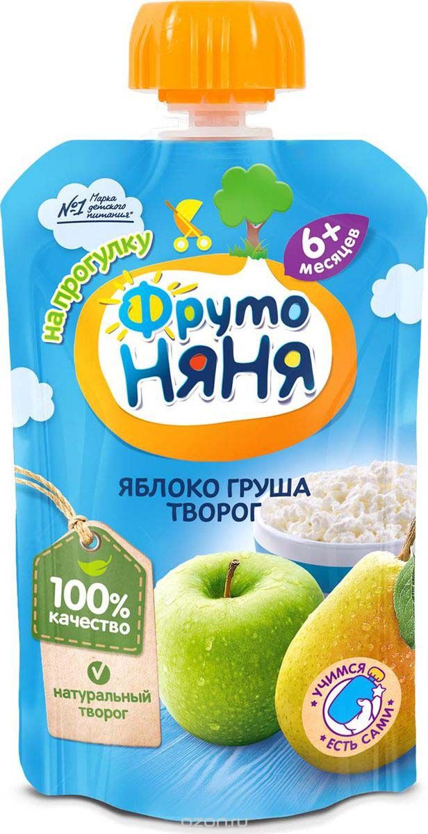 ФрутоНяня Пюре Яблоко груша творог 90г пауч с 6 мес