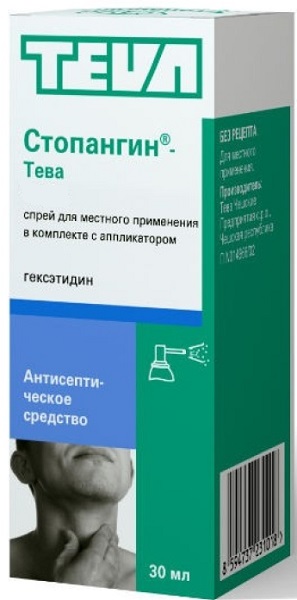 Стопангин спрей для горла 30 мл Тева (эфирные масла, натрия сахаринат моногидрат,глицерин,этанол)