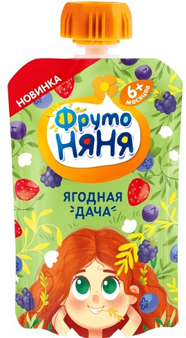 ФрутоНяня Пюре Ягодная дача 90г Ябл.,ежев.,черн.смор.,ченрика,клубн. пауч