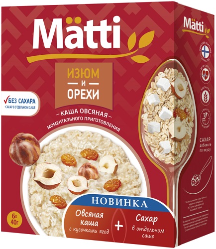 Matti Каша Овсяная Изюм орехи 2-я саше 40г/6шт