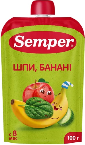 Semper Пюре Яблоко Банан Шпинат Огурец 100г пауч с 8 мес.