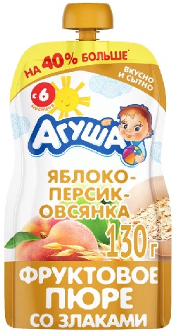 Агуша Пюре Яблоко- персик-овсянка 130г Пауч 6 мес