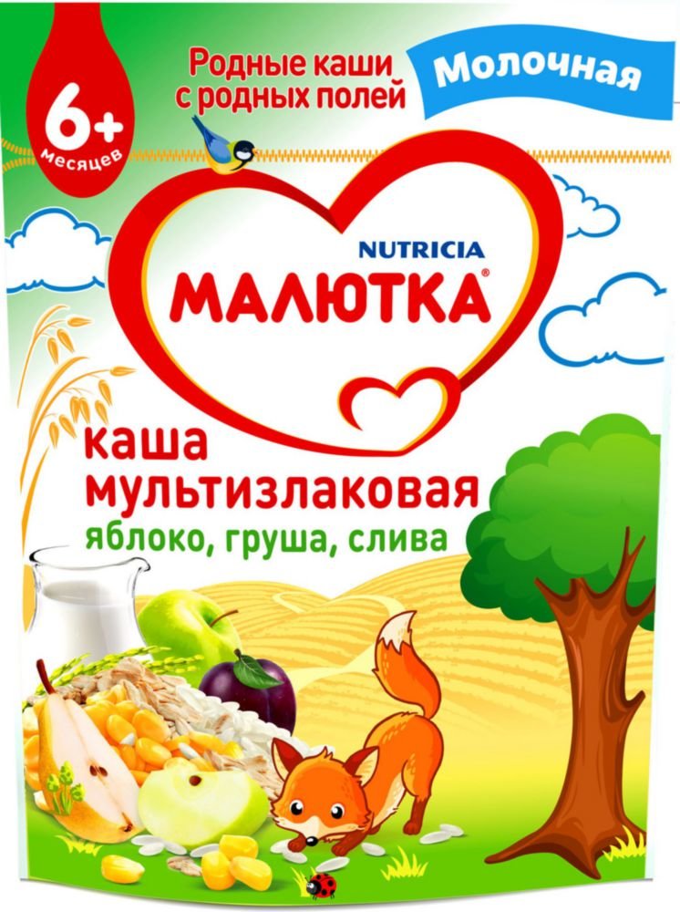 Малютка Каша молочная Мультизлак Яблоко груша слива 220г. с 6 мес