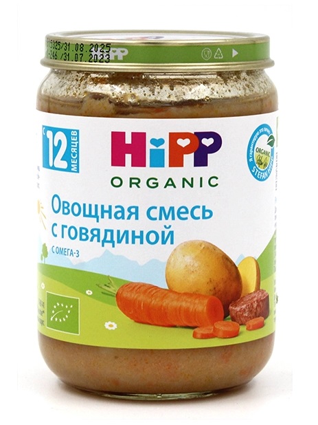 Хипп Органик Пюре Овощная смесь с говядиной 190г стекло Hipp