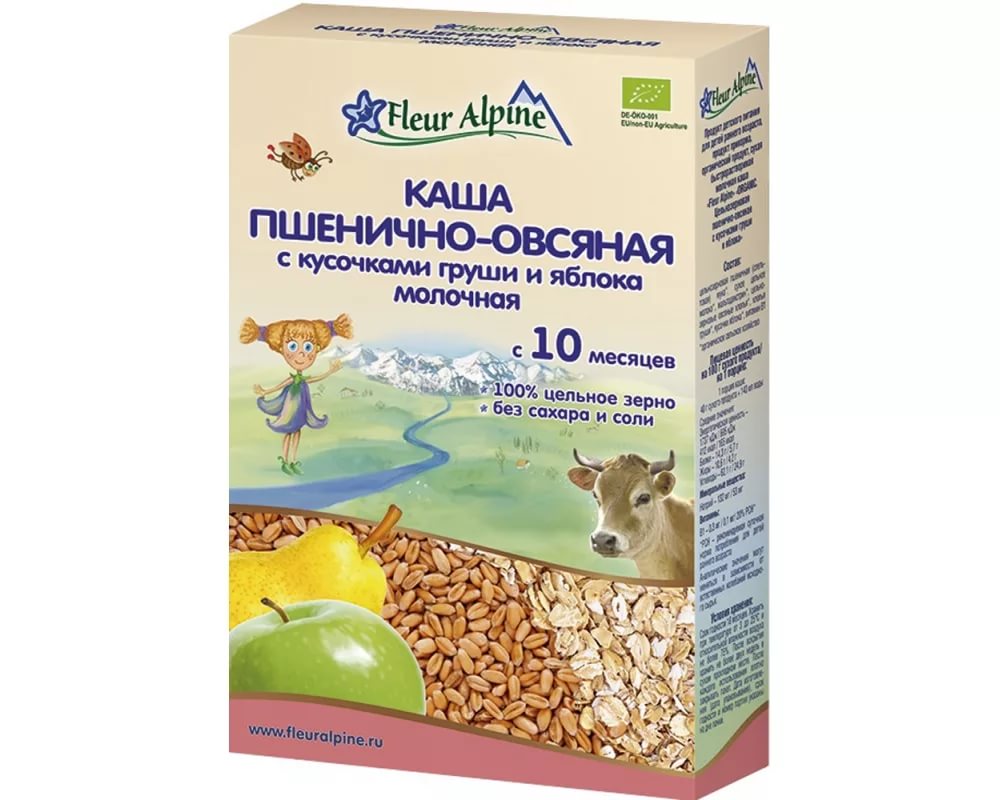Fleur Alpine Каша Пшенично-овсяная 200г с кусочками груши и яблока с 10мес.