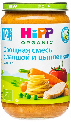 Хипп Органик Пюре Овощная смесь с лапшой и цыпленком 190г стекло Hipp
