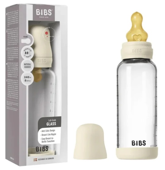 Бутылочка стеклянная для кормления Bibs Baby Ivory 240мл латексная соска арт.5020216