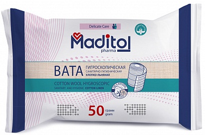 Вата нестерильная 50 гр MADITOL гигроскопическая Хлопко-Льняная #