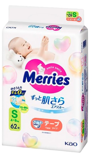 Подгузники для детей MERRIES S62 (4-8кг) 62шт